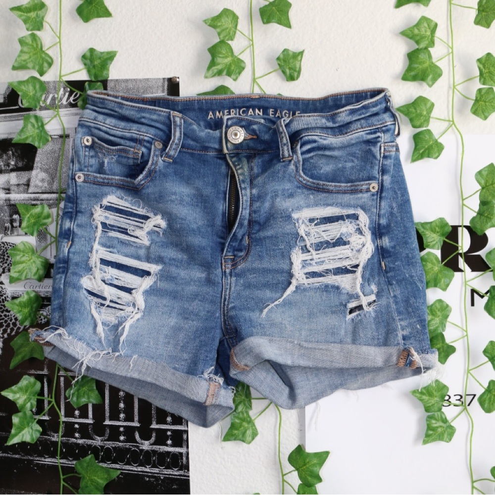 American Eagle Darkwash Ripped Jean Shorts, Size 8